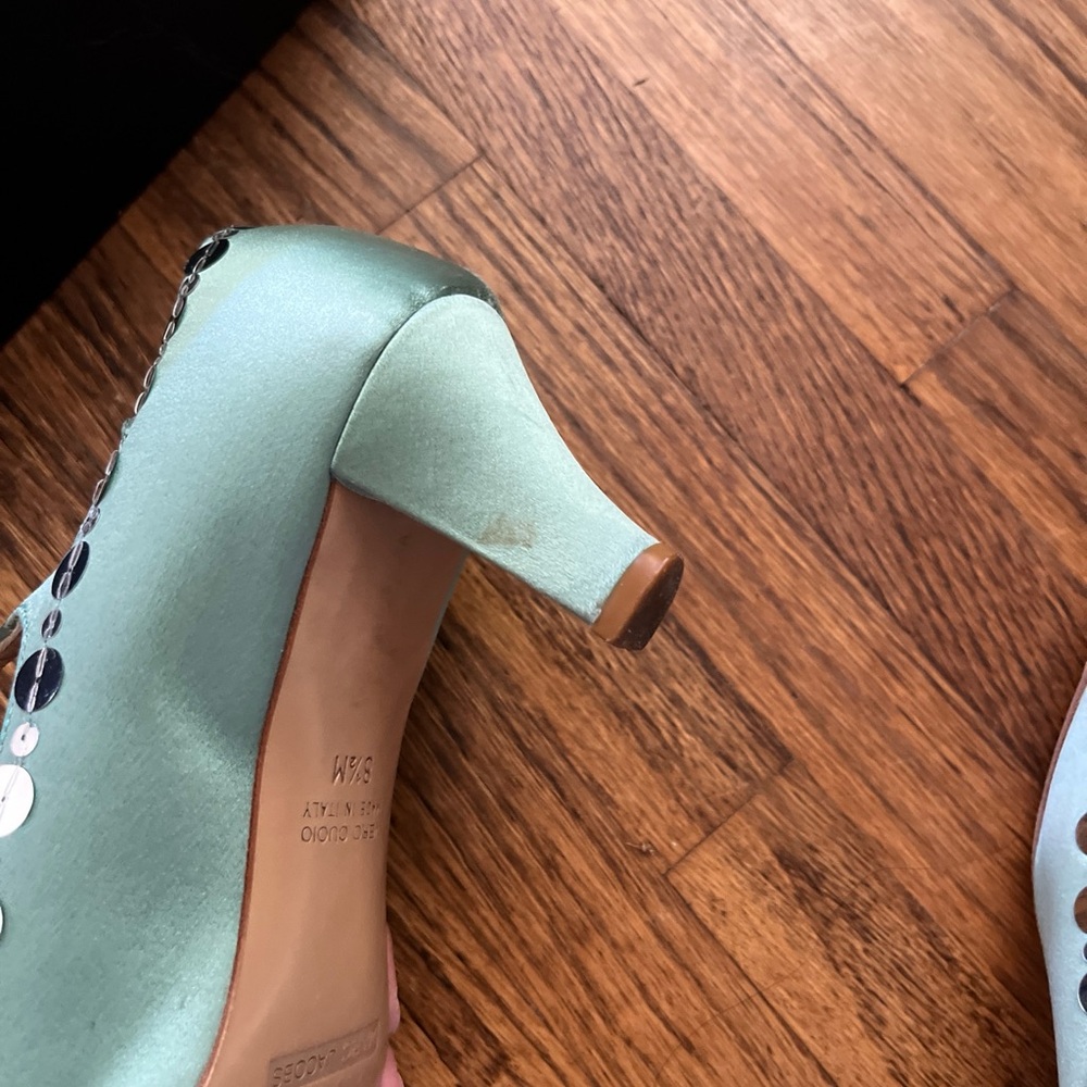 Marc Jacobs Satin Mint w/ Silver Sparkles Mary Jane Janes Pumps Heels - Picture 6 of 8